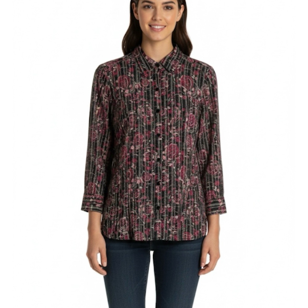 CHRISTOPHER & BANKS Floral Button Front Blouse, Women’s M, Pink Black Gray